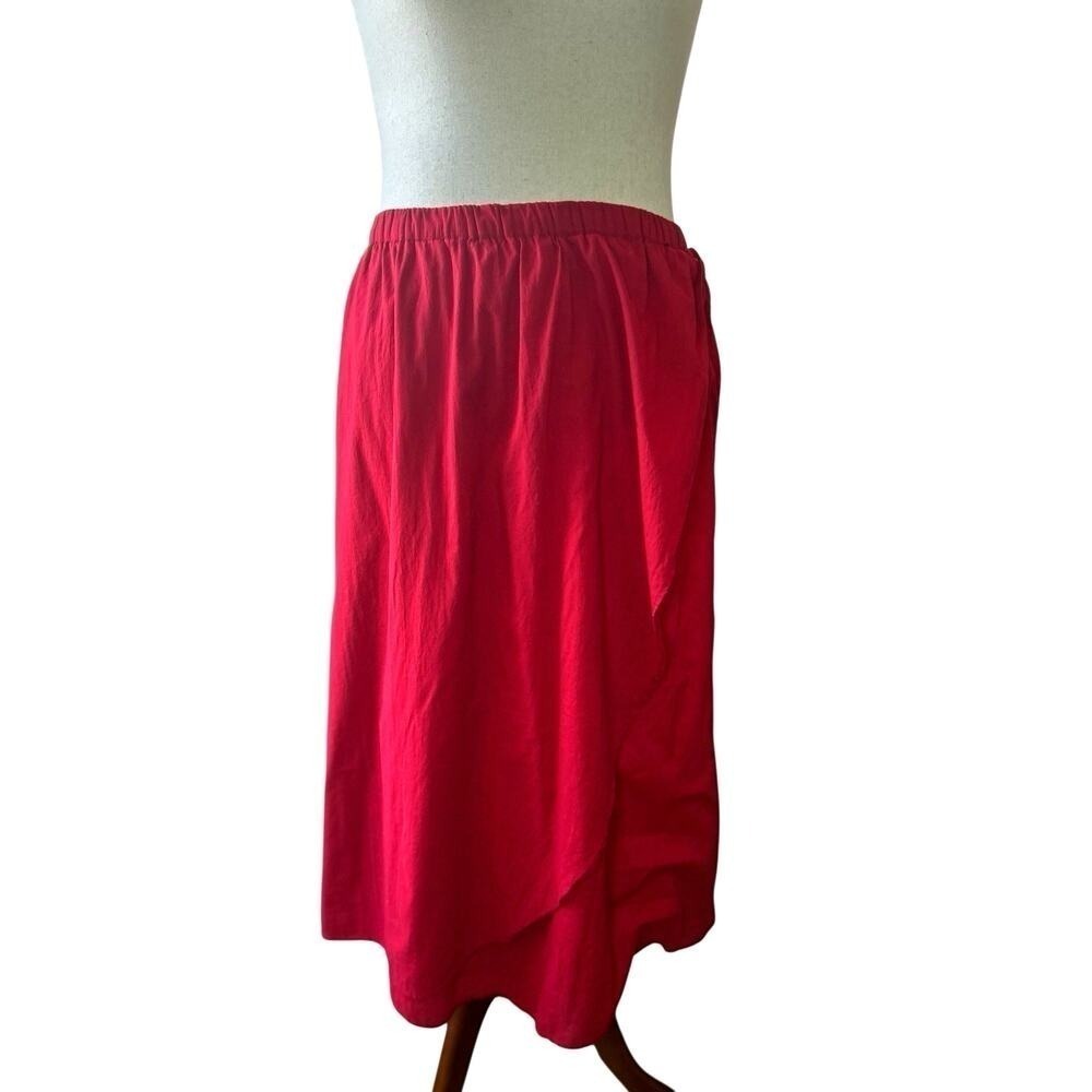 Vintage RED 100% Cotton Faux Wrap Pull On Lightweight Midi Skirt Lined Size XL